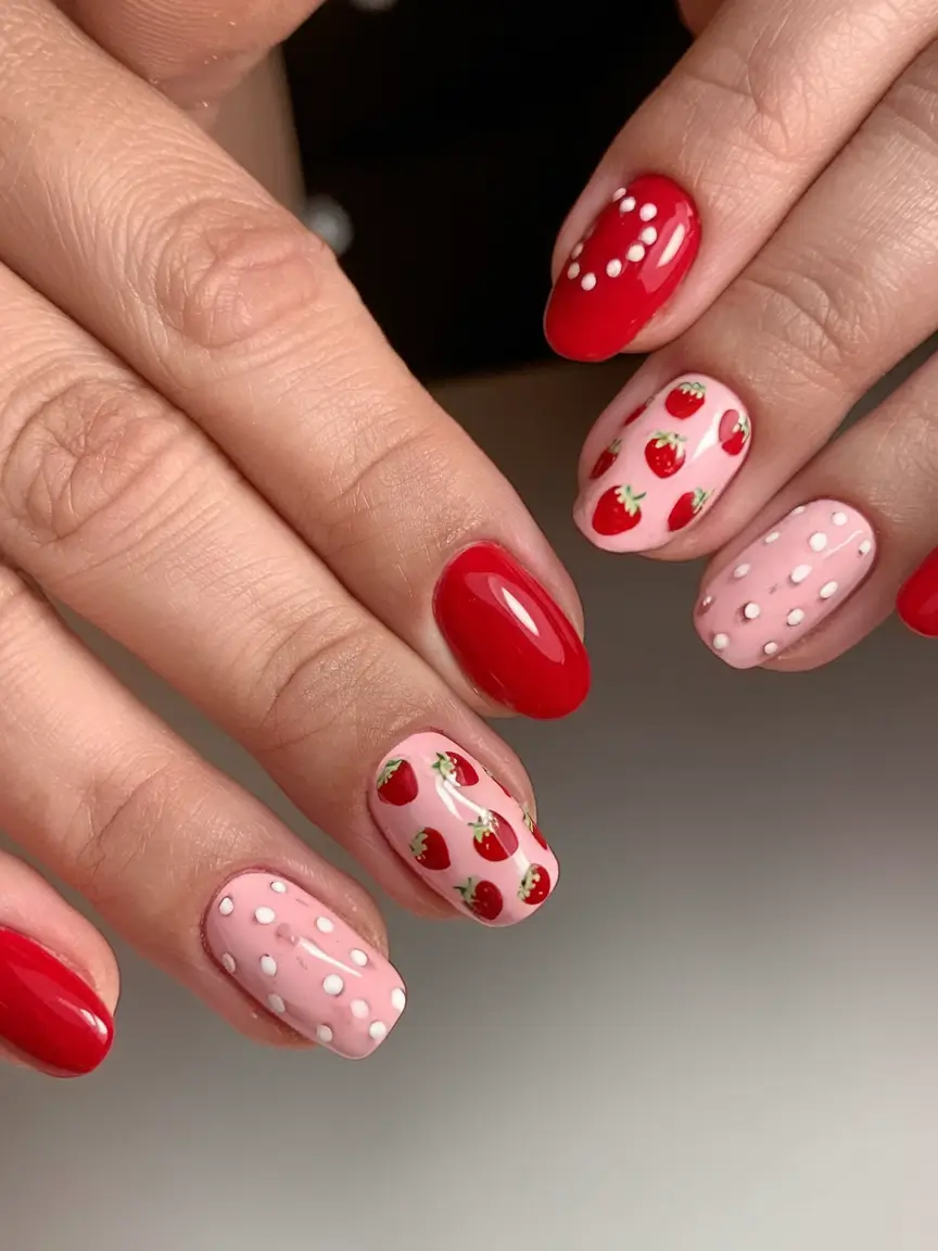 tropical fruit nail ideas for summer 2025 Strawberry Polka Dot Party