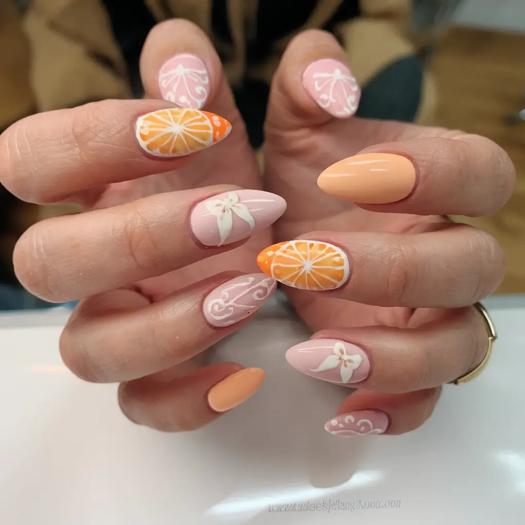 tropical fruit nail ideas for summer 2025 Peachy Citrus Blossom