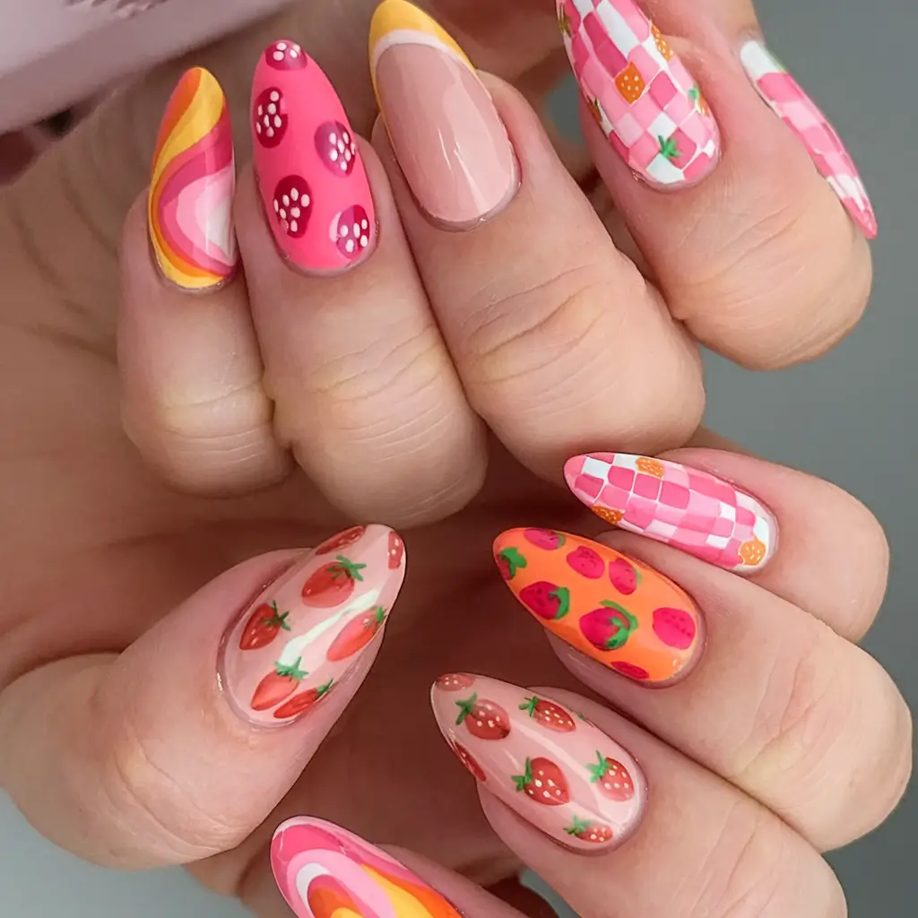 tropical fruit nail ideas for summer 2025 Retro Strawberry Picnic