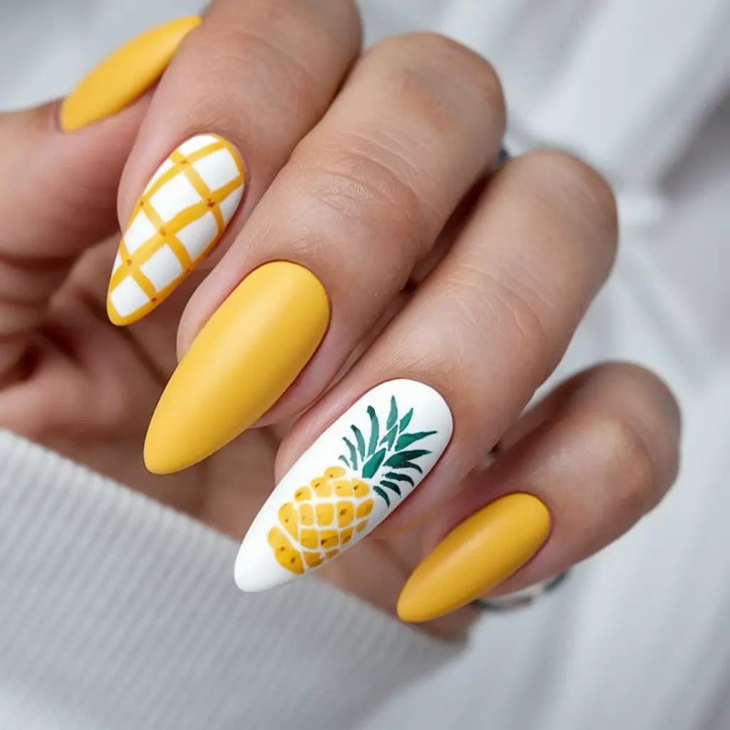 tropical fruit nail ideas for summer 2025 Matte Pineapple Perfection