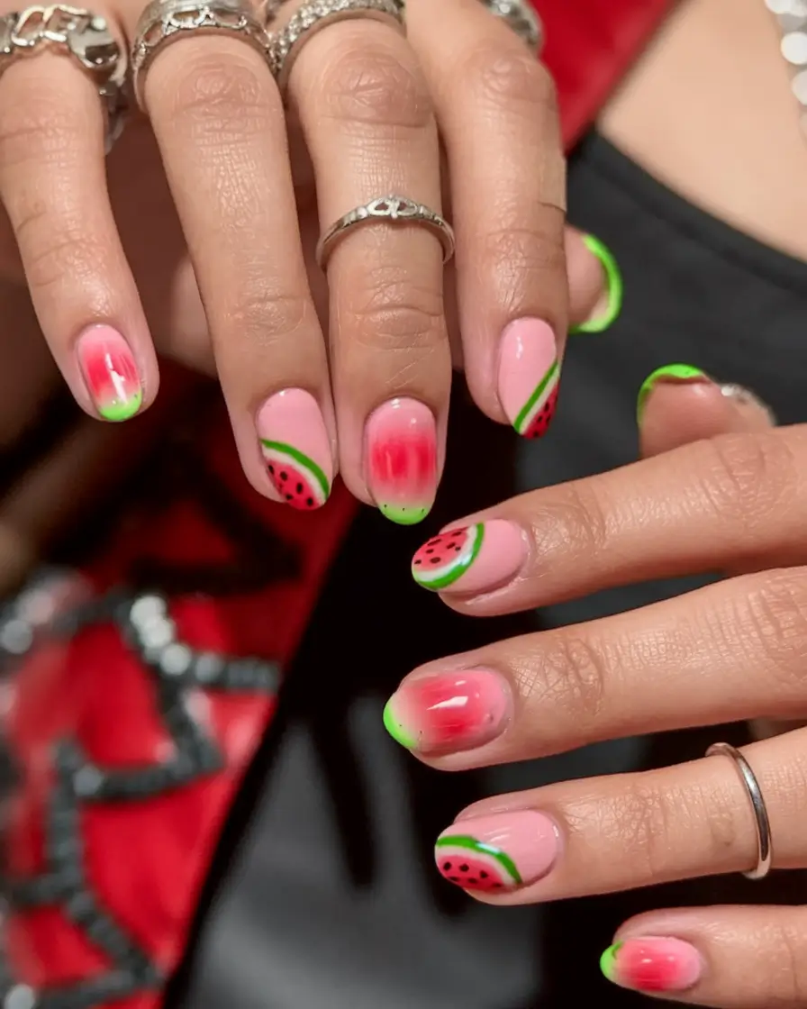 tropical fruit nail ideas for summer 2025 Neon Watermelon Fade