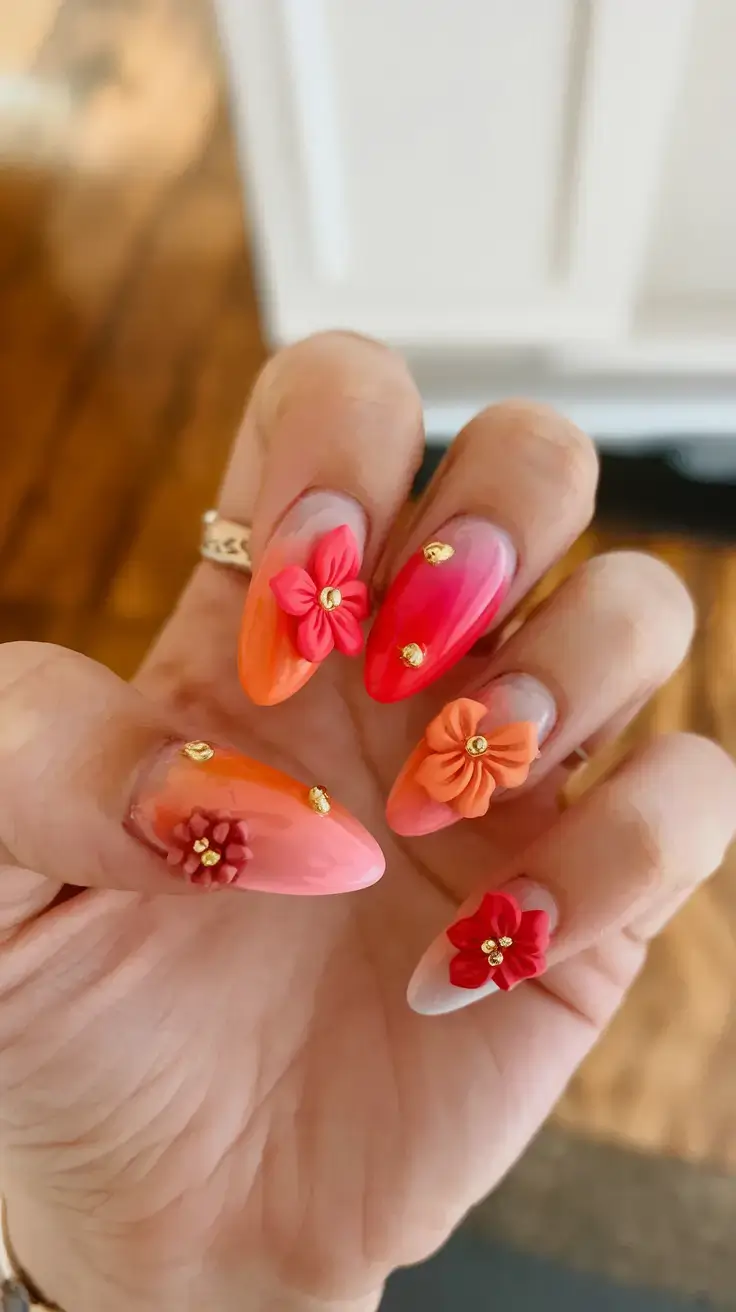 vacation nails perfect for 2025 Sunset Blooms & Coral Punch