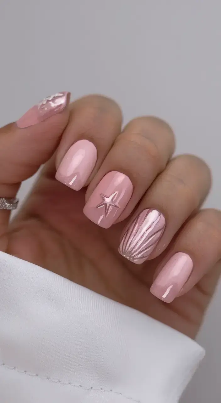 vacation nails perfect for 2025 Shell Pink with Seaside Accents