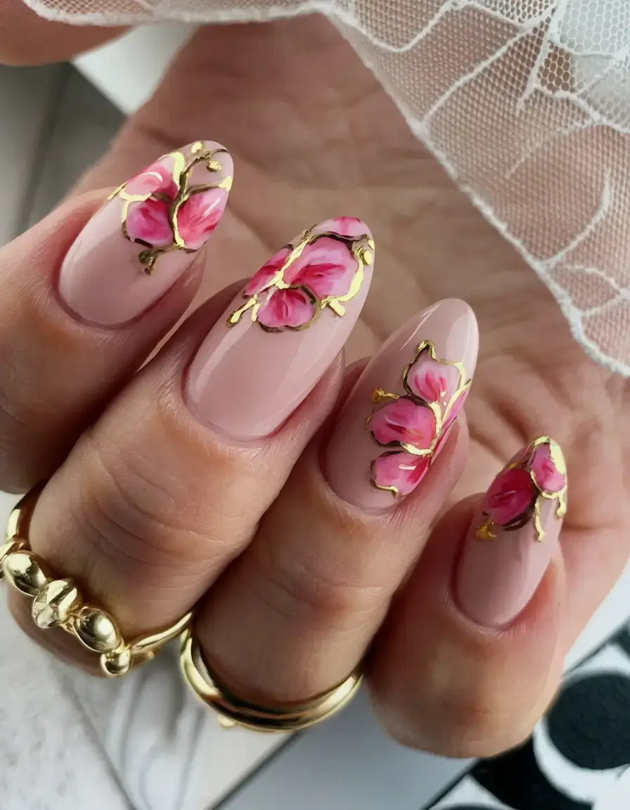 vacation nails perfect for 2025 Golden Orchids on Nude Silk