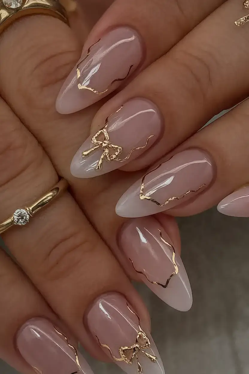 vacation nails perfect for 2025 Champagne Ribbon Elegance