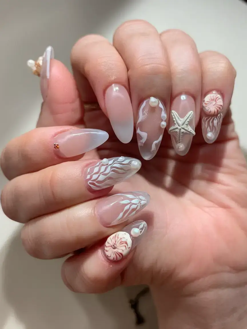 vacation nails perfect for 2025 Ocean-Inspired Pearls & Shells