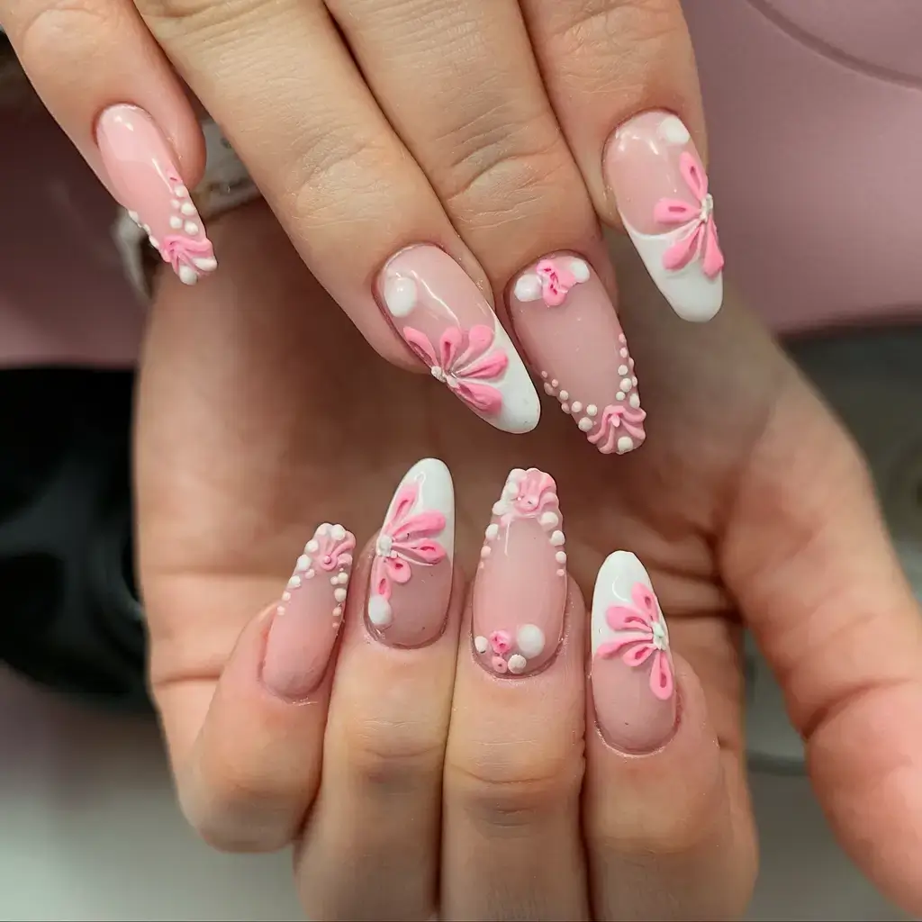 vacation nails perfect for 2025 Bubblegum Florals with a Twist
