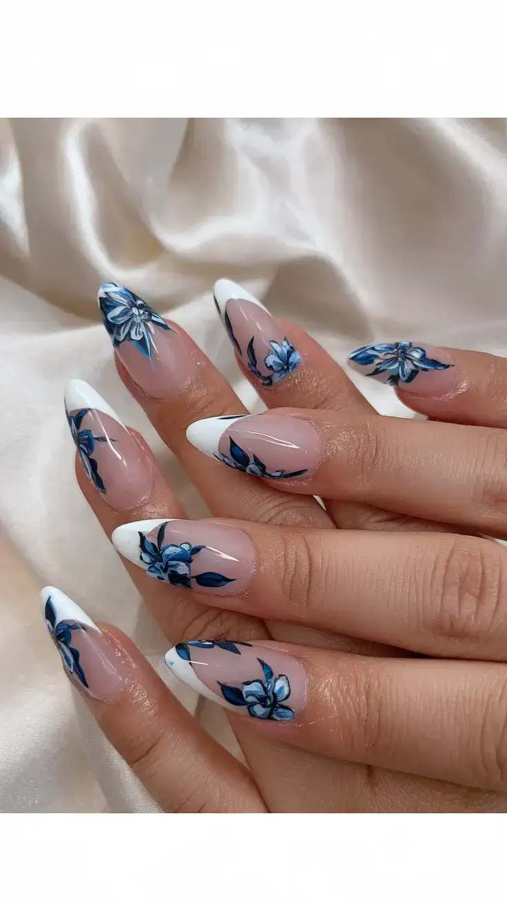 vacation nails perfect for 2025 Blue and White French Fantasy