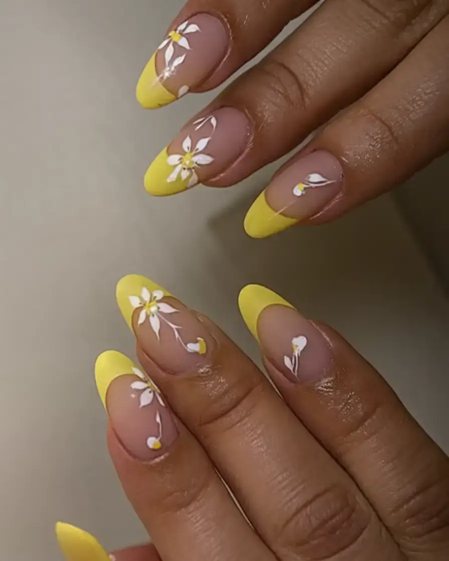 vacation nails perfect for 2025 Lemon Daisies on French Tips