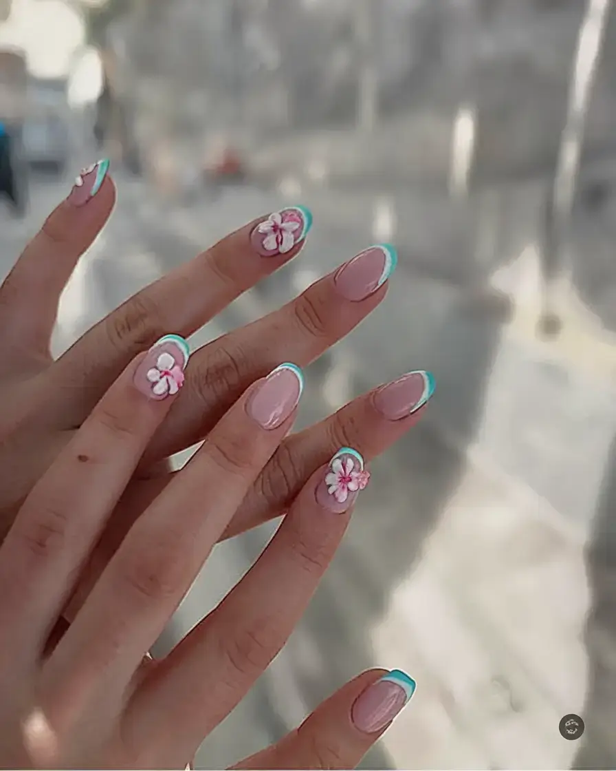 vacation nails perfect for 2025 Lagoon Blue Florals with a 3D Pop