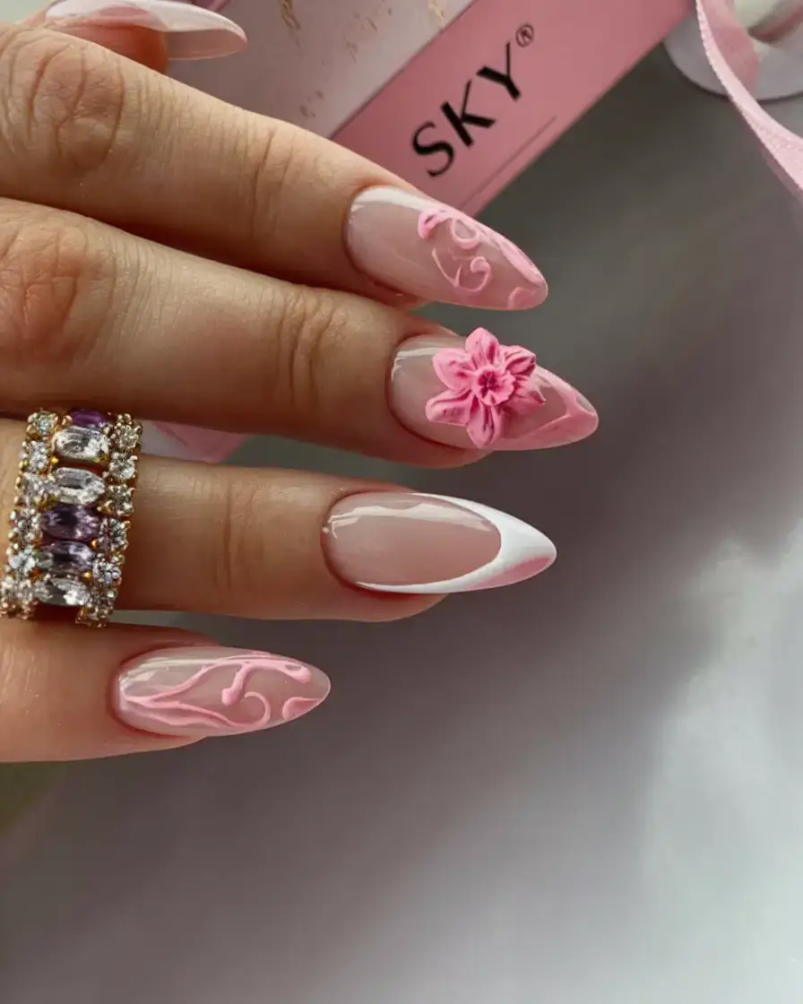 vacation nails perfect for 2025 Glossy Pink Swirls & Raised Florals