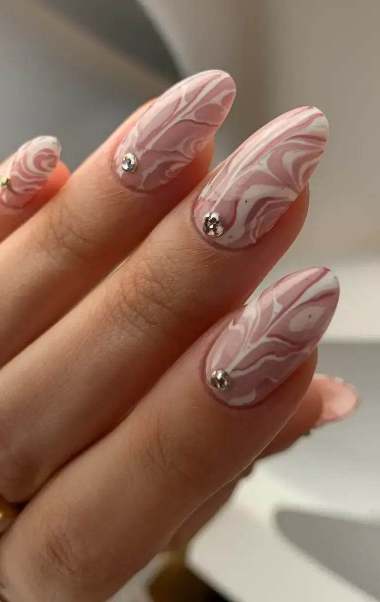vacation nails perfect for 2025 Marbled Rosé with Rhinestone Drops