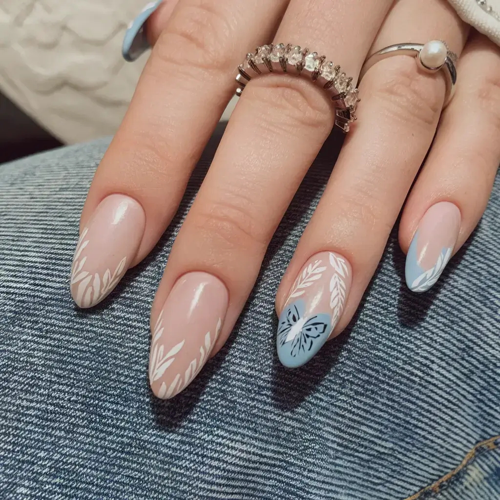 vacation nails perfect for 2025 Butterfly Blues & Botanical Whispers