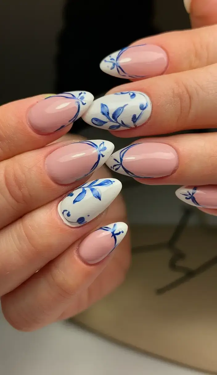 vacation nails perfect for 2025 Blue Porcelain-Inspired Florals