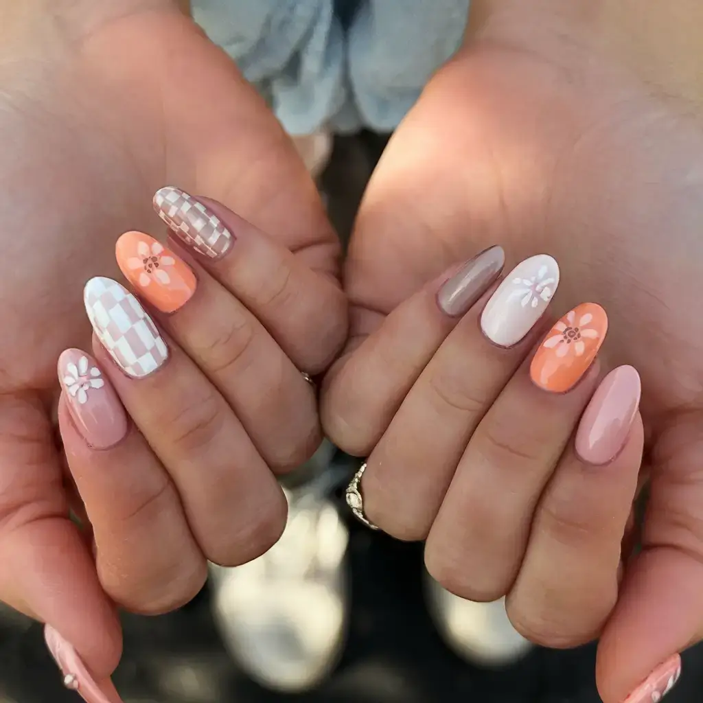 vacation nails perfect for 2025 Retro Gingham & Citrus Florals