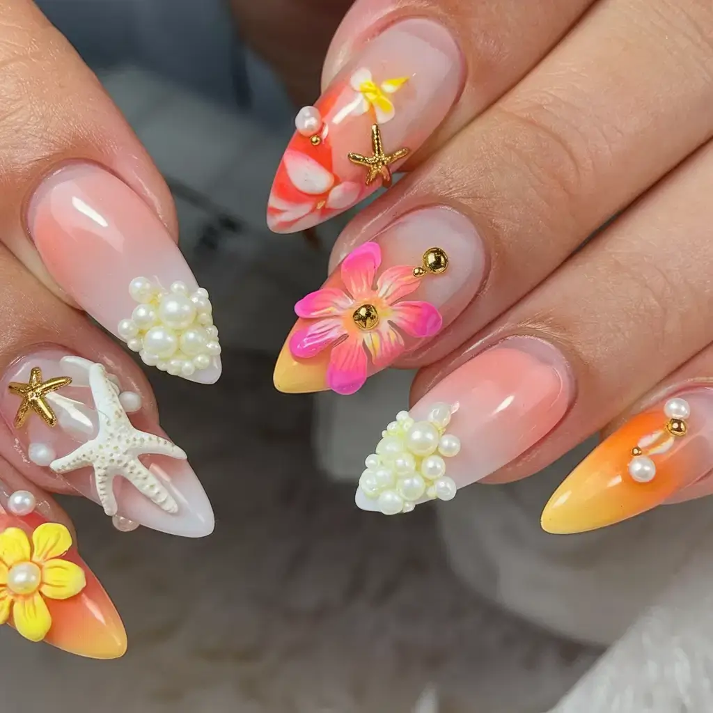 vacation nails perfect for 2025 Tropical Bloom & Pearl Clusters