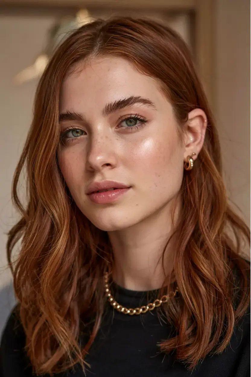auburn fall hair color ideas 2025+Muted Copper Auburn with Soft Shaping