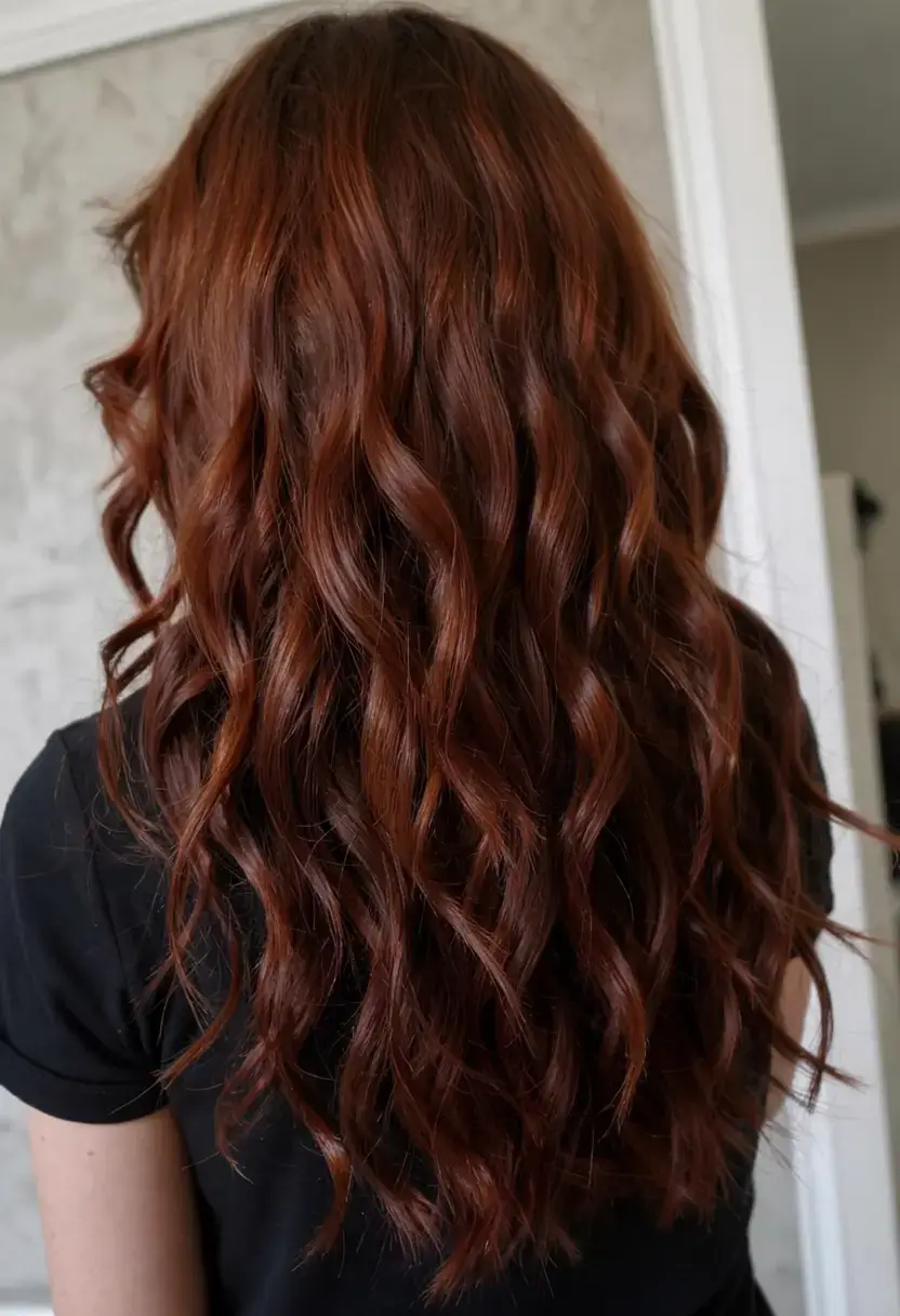 auburn fall hair color ideas 2025+Chestnut Auburn Curls with Velvet Texture