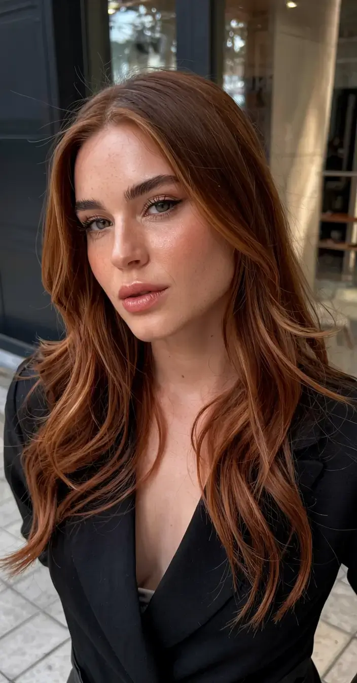 auburn fall hair color ideas 2025+Cinnamon Bronde Waves with Sunlight Ribbons