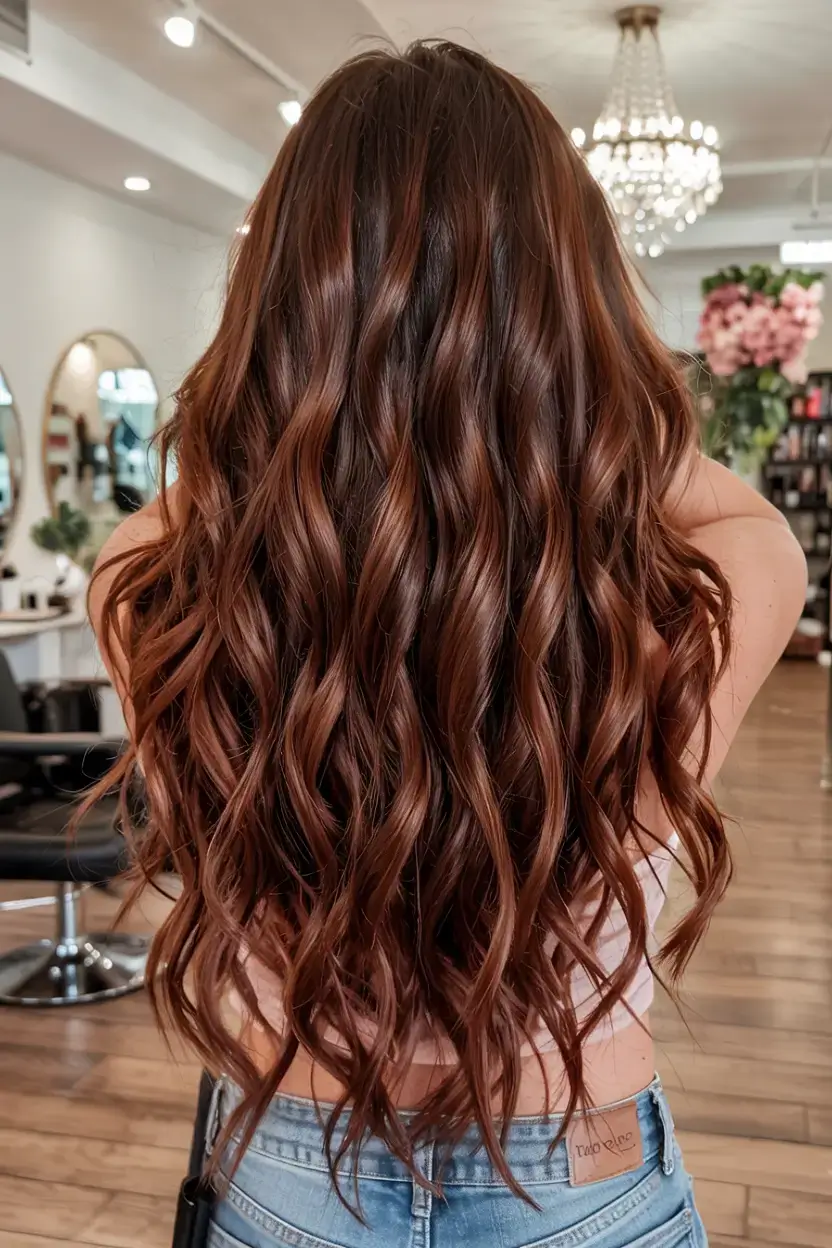 auburn fall hair color ideas 2025+Glossy Cinnamon Mocha Waves