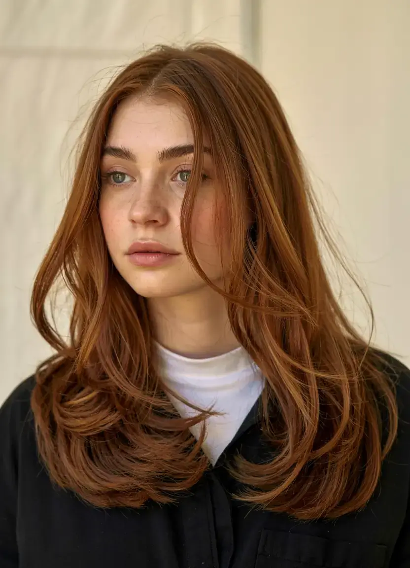 auburn fall hair color ideas 2025+Rusty Copper Auburn with Wispy Bangs