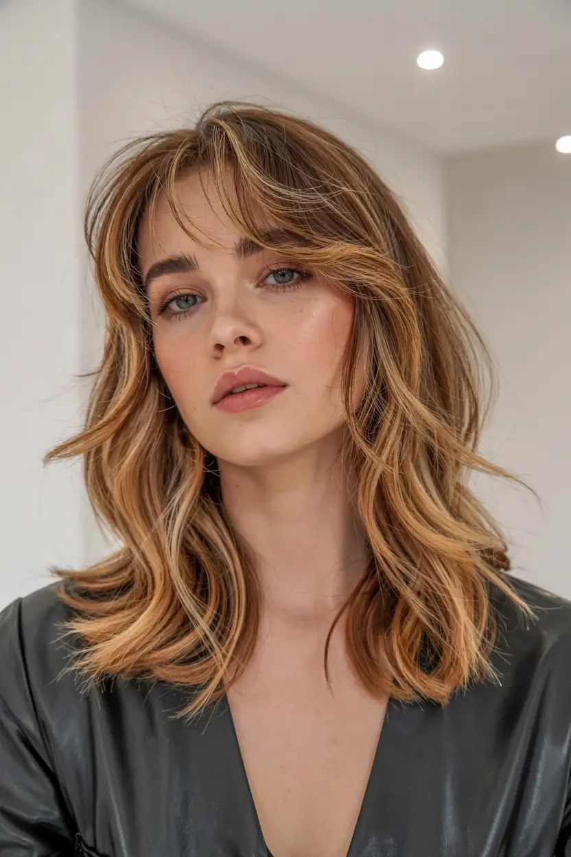 autumn haircuts ideas 2025 Golden Caramel Curtain Layers