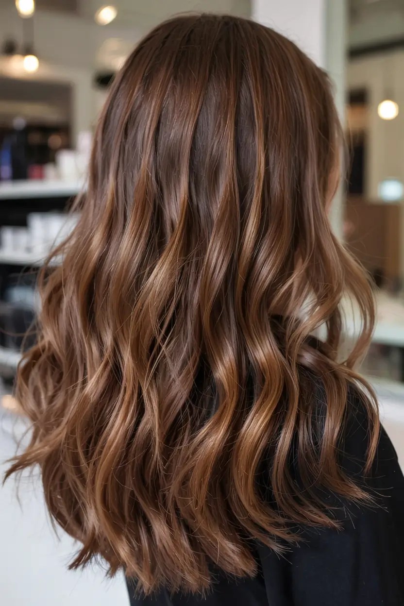 best fall hair colors for cool skin tones 2025+Chestnut Ribbon Balayage with Glossy Finish