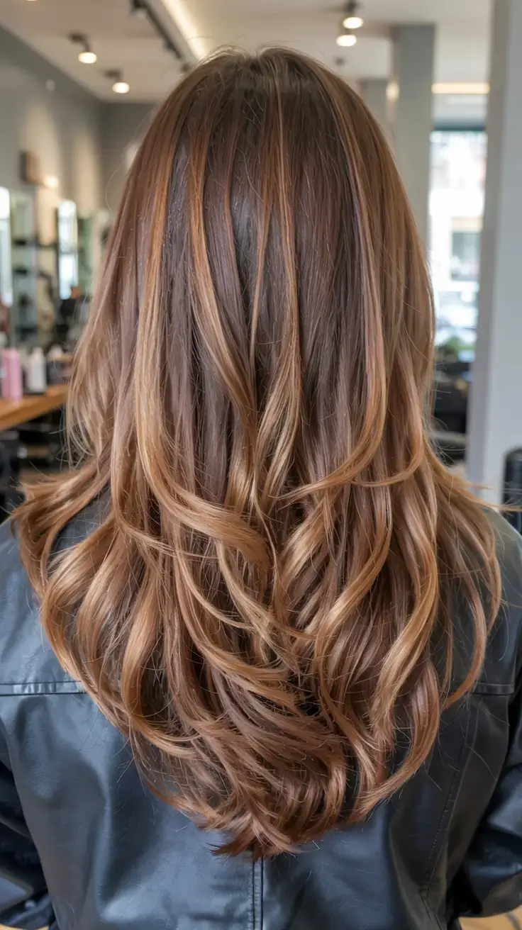 best fall hair colors for warm skin tones 2025+Toasted Almond Layers with Golden Swirls