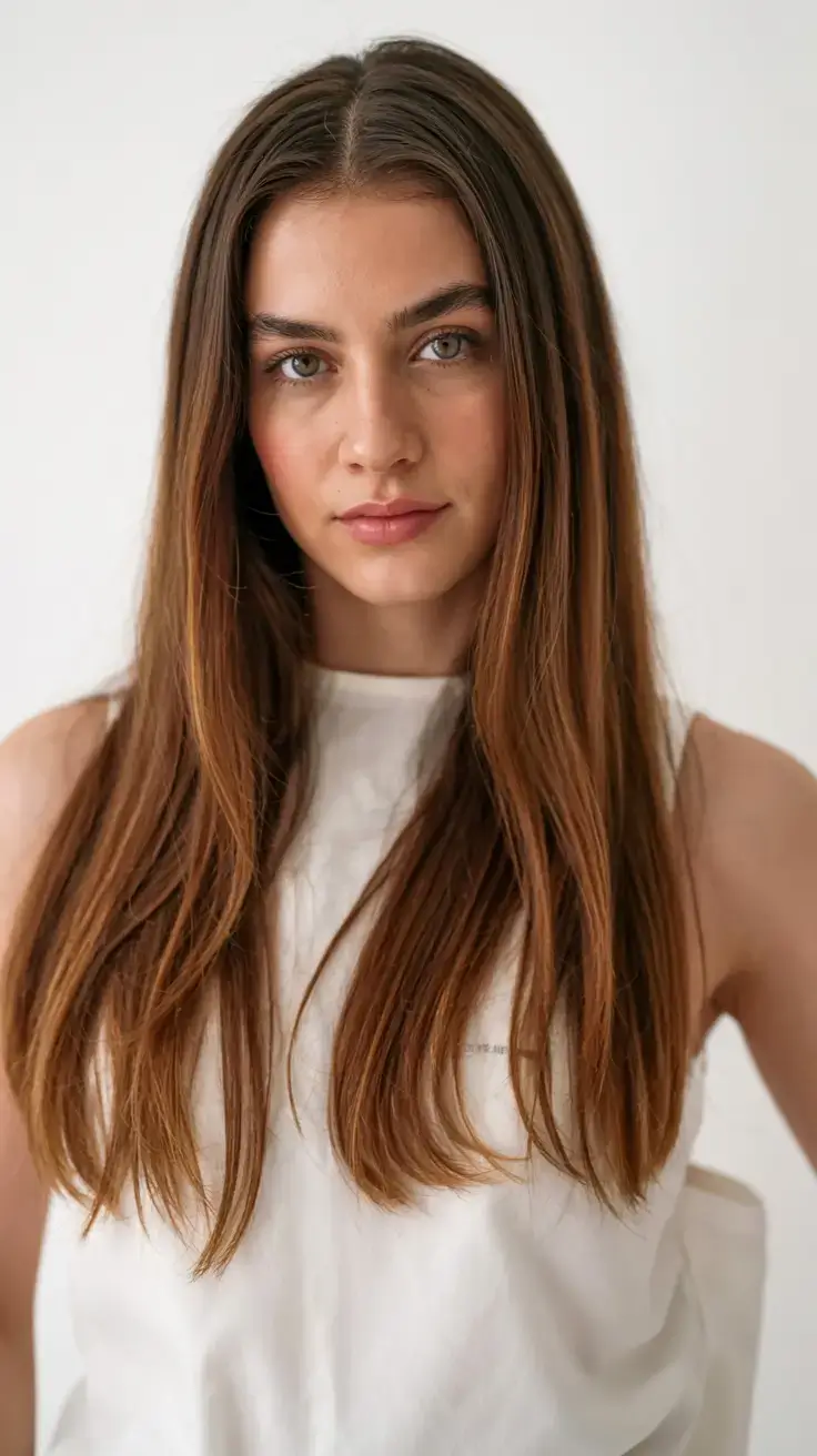 best fall hair colors for warm skin tones 2025+Soft Cinnamon Chestnut on Sleek Straight Hair