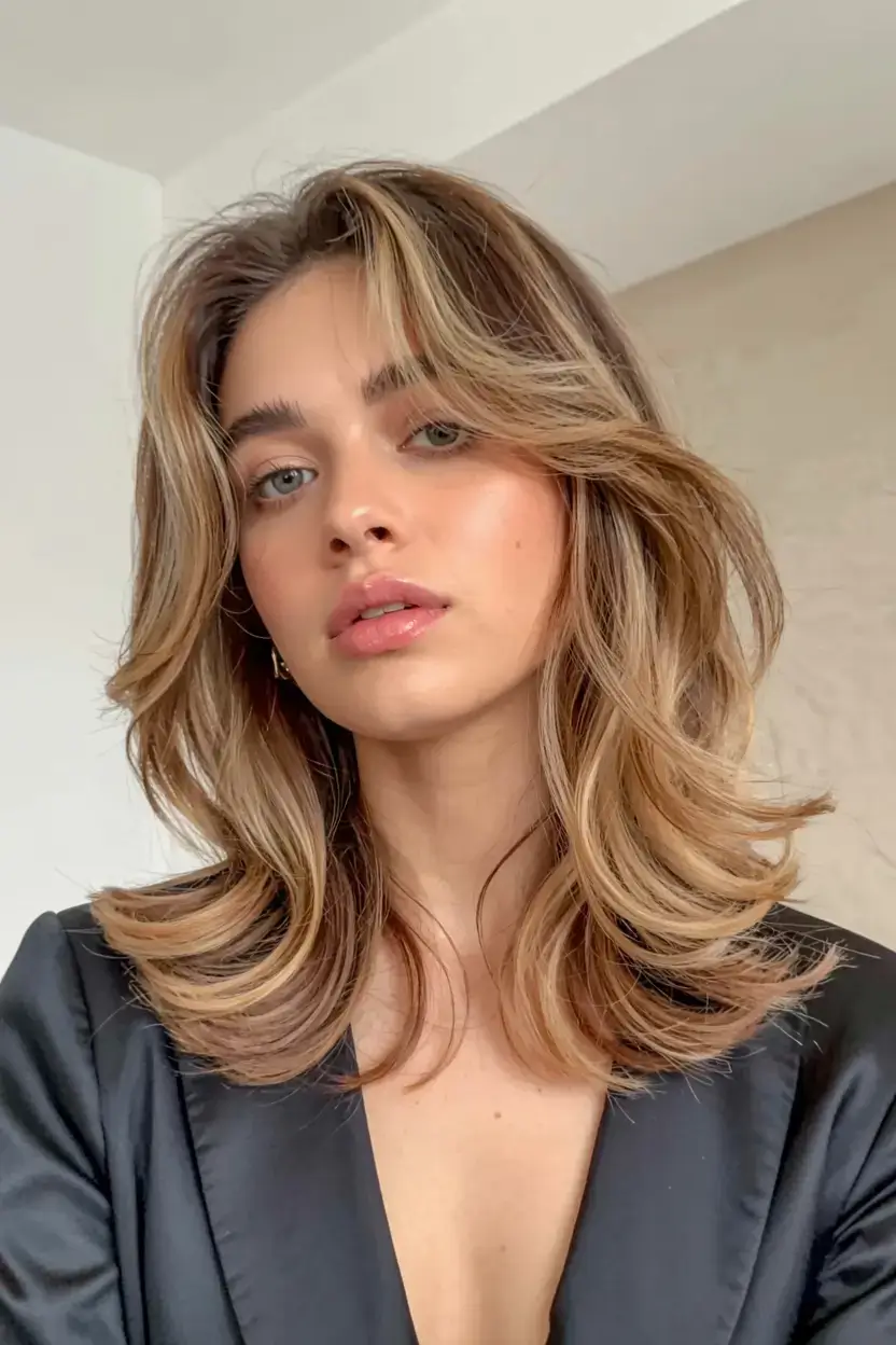 best fall hair colors for warm skin tones 2025+Soft Caramel Blowout with Curtain Layers