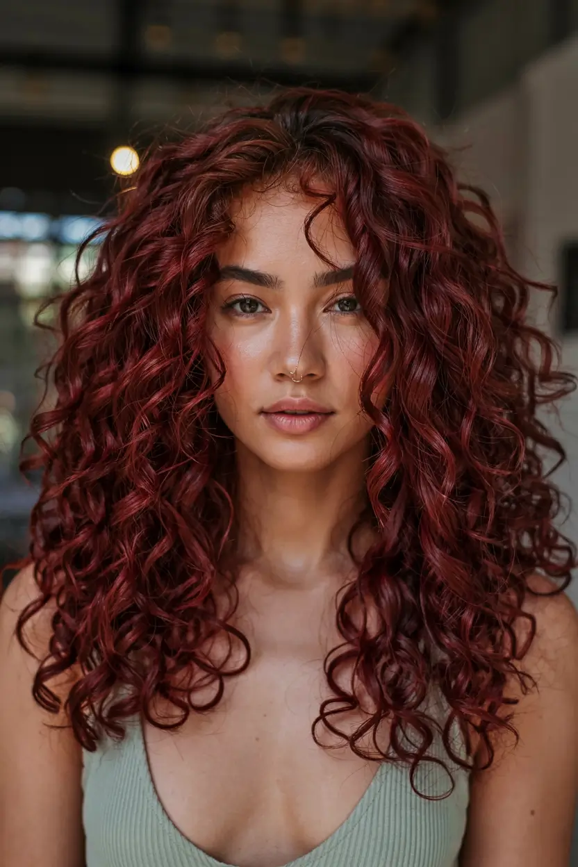 burgundy autumn fall hair colors ideas 2025+Voluminous Burgundy Curls With Fall Glow