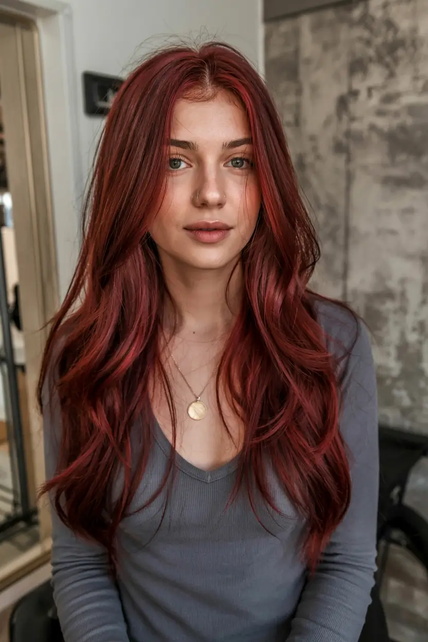 burgundy autumn fall hair colors ideas 2025+Soft Copper-Burgundy Layers With Natural Flow