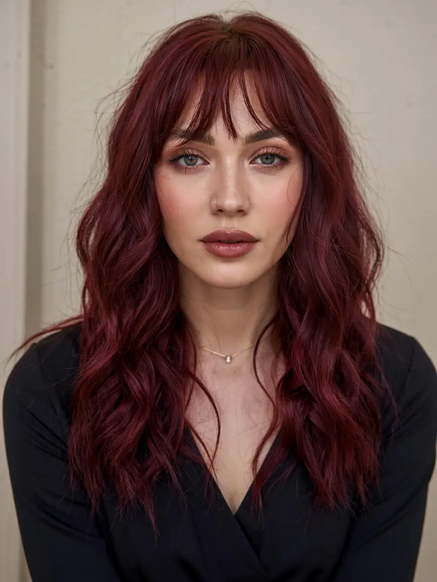 burgundy autumn fall hair colors ideas 2025+Shadowed Burgundy With French Bangs