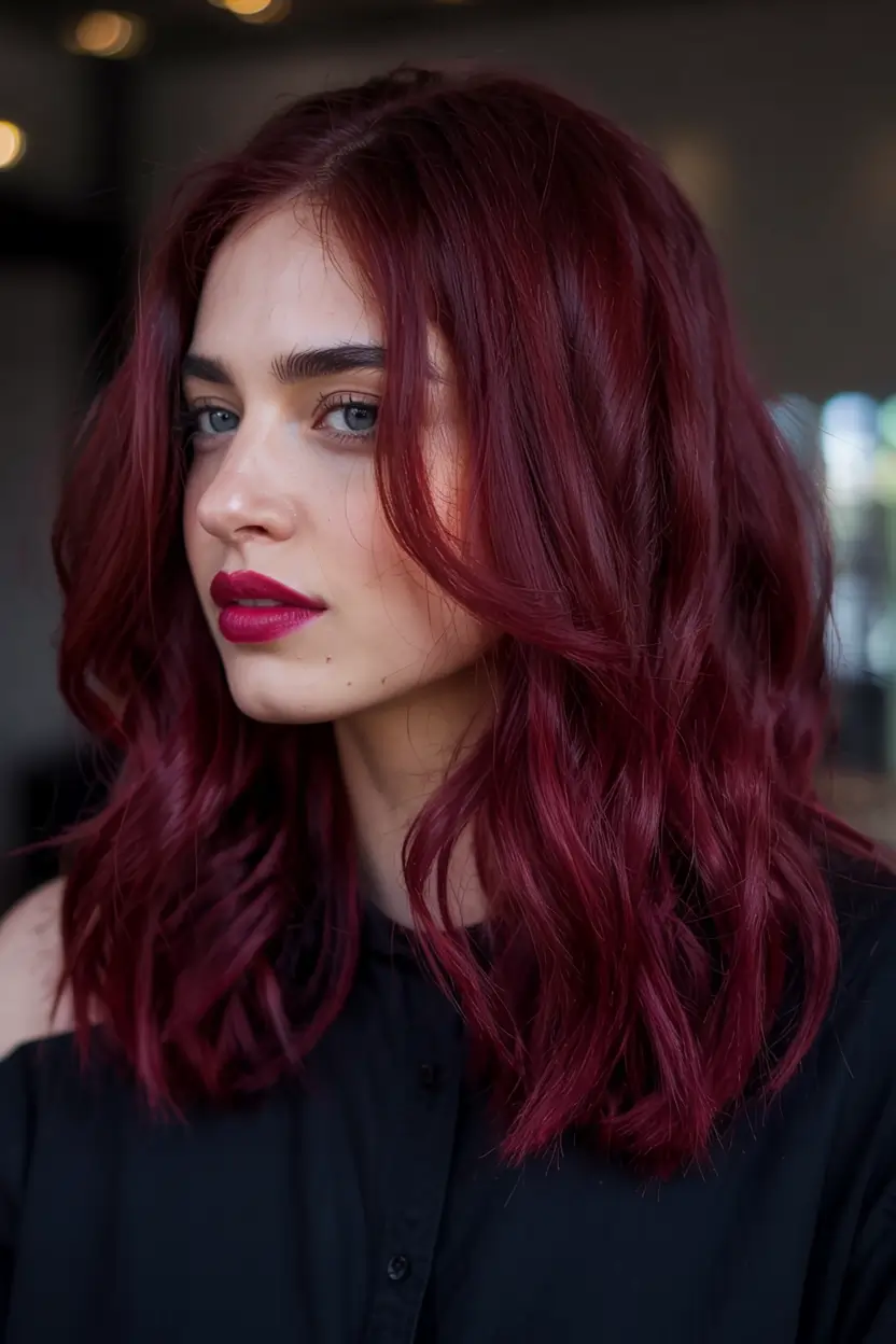 burgundy autumn fall hair colors ideas 2025+Crisp Burgundy Lob With Statement Shine