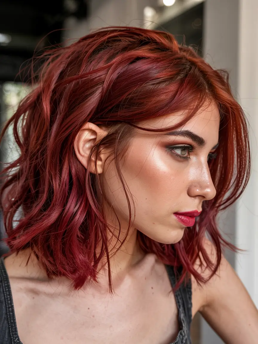 burgundy autumn fall hair colors ideas 2025+Textured Burgundy Bob With Peachy Undertones
