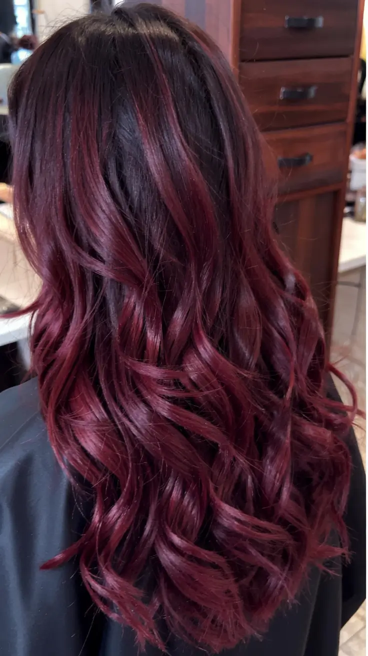 burgundy autumn fall hair colors ideas 2025+Espresso Roots With Burgundy Ribbons