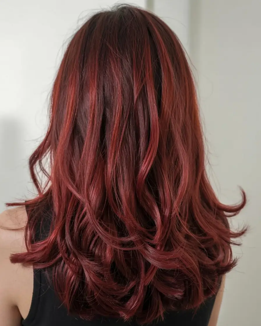 burgundy autumn fall hair colors ideas 2025+Layered Burgundy With Cinnamon Highlights