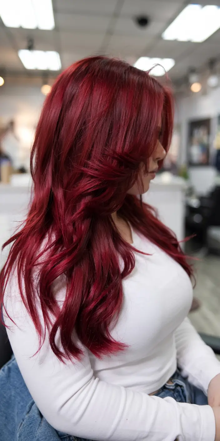 burgundy autumn fall hair colors ideas 2025+Cherry Bomb Burgundy With Big Blowout Energy