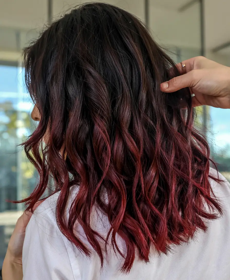 burgundy autumn fall hair colors ideas 2025+Root Fade Burgundy With Soft Curls
