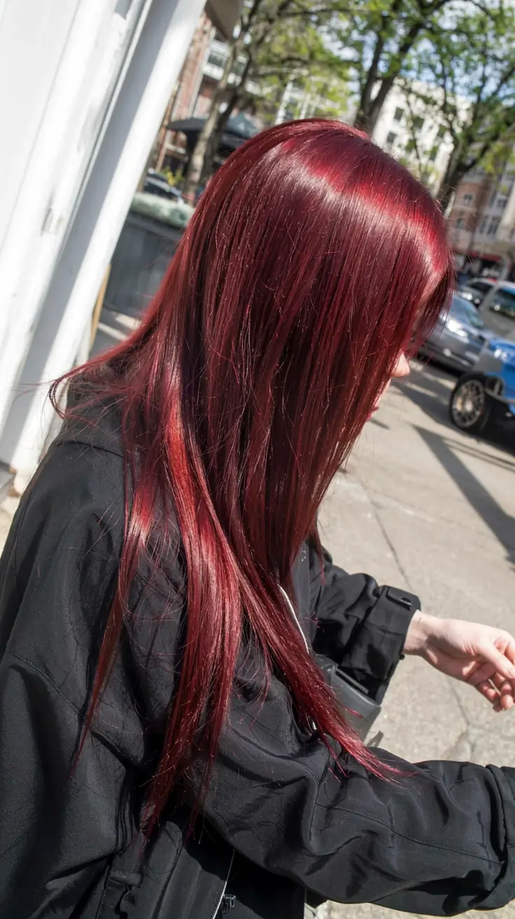 burgundy autumn fall hair colors ideas 2025+Sleek Burgundy Layers With Mirror Shine