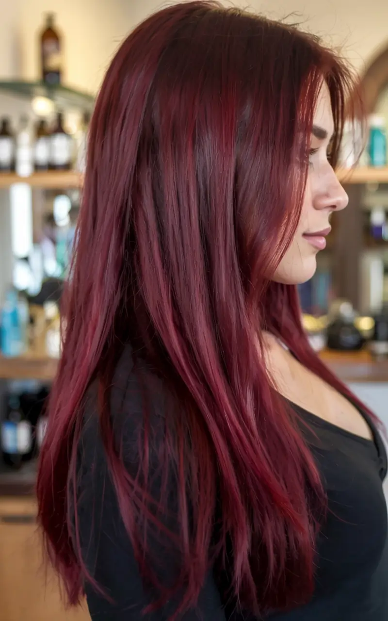 burgundy autumn fall hair colors ideas 2025+Deep Crimson Lengths With a Classic Part