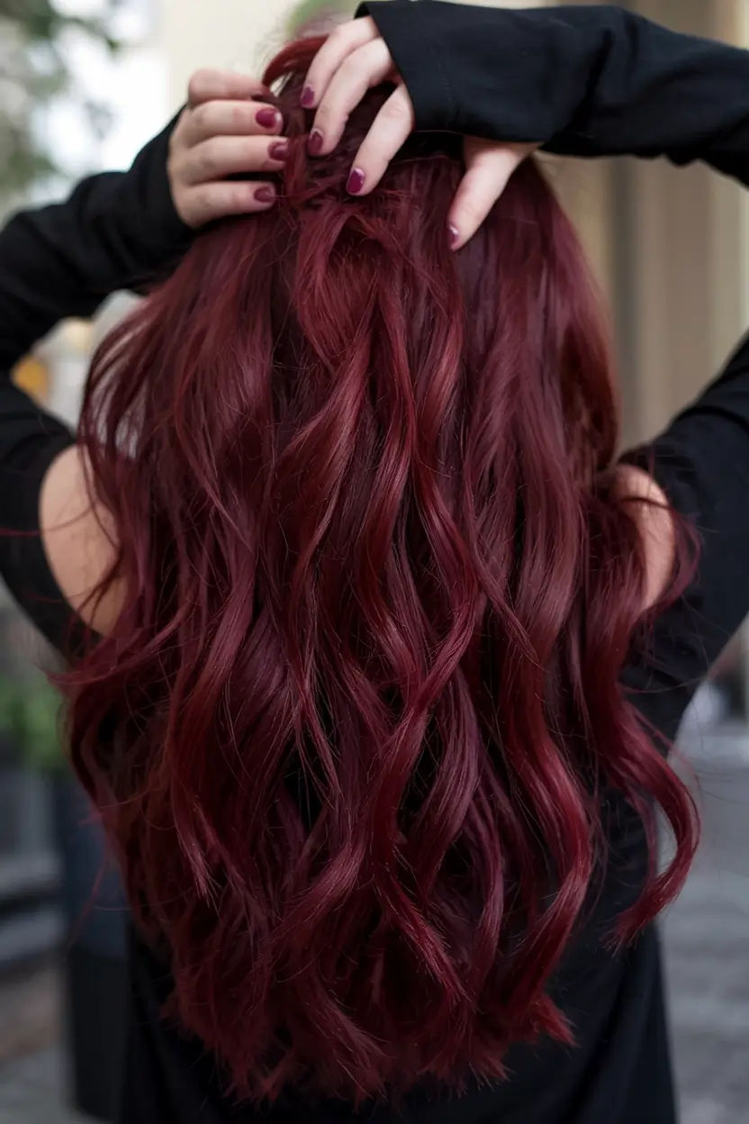 burgundy autumn fall hair colors ideas 2025+Merlot Waves With Playful Volume