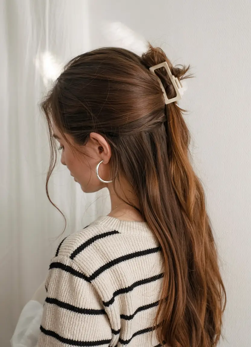 cute fall hairstyles ideas 2025 Minimalist Half-Up with Neutral Clip
