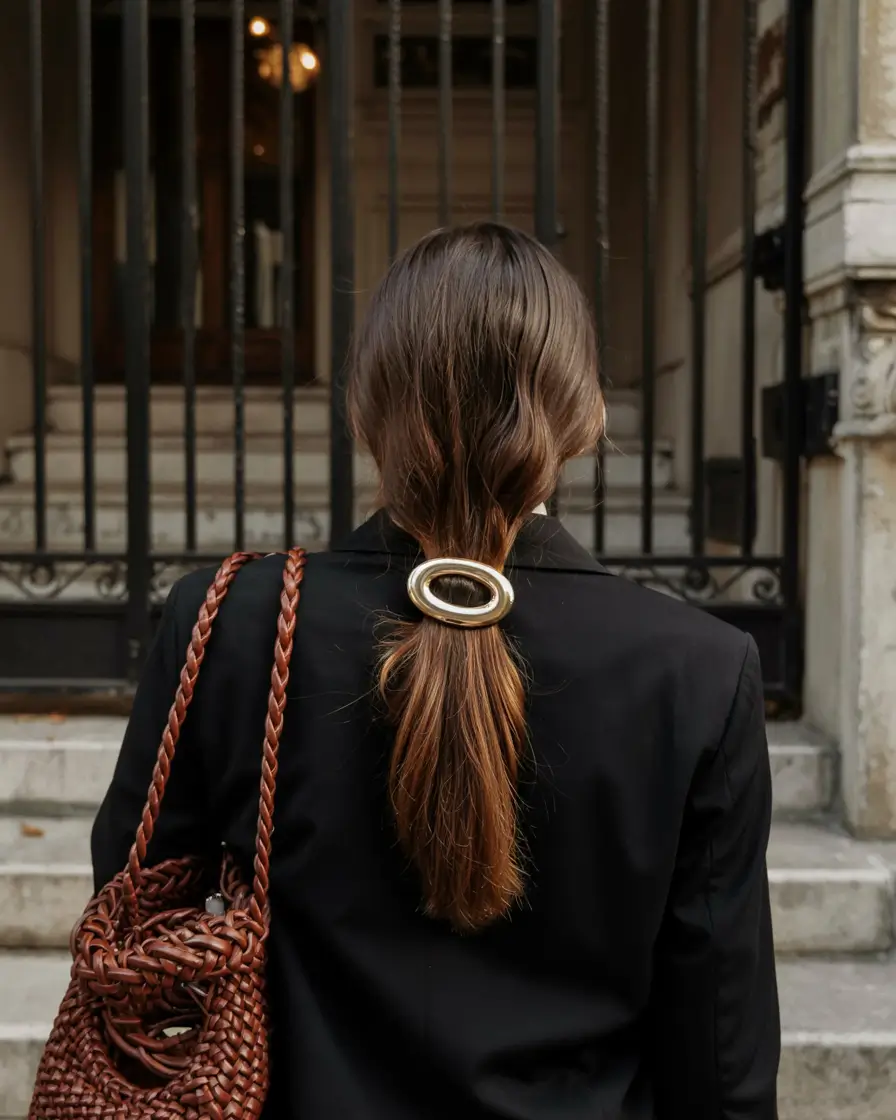 cute fall hairstyles ideas 2025 Polished Low Pony with Statement Clip