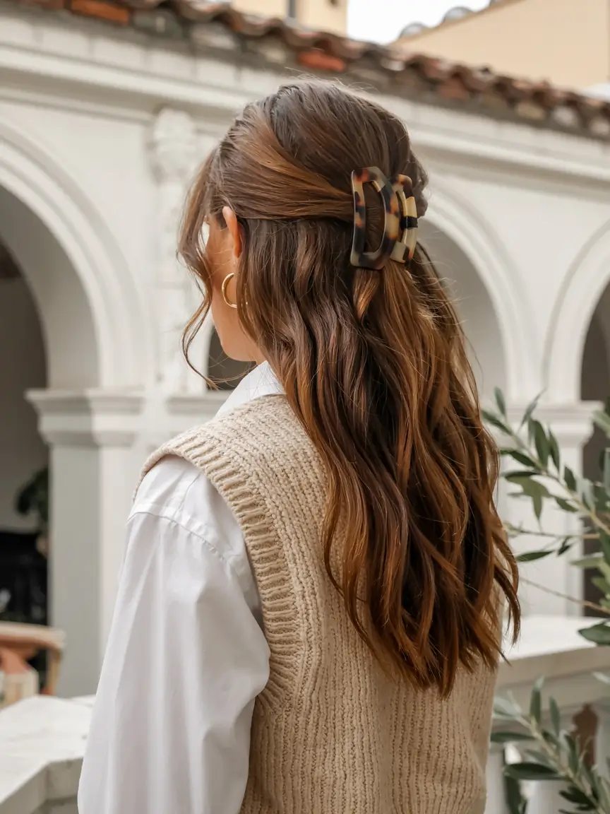 cute fall hairstyles ideas 2025 Soft Waves with Tortoiseshell Clip