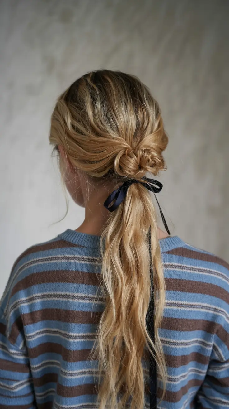 cute fall hairstyles ideas 2025 Loose Knot Pony with Ribbon