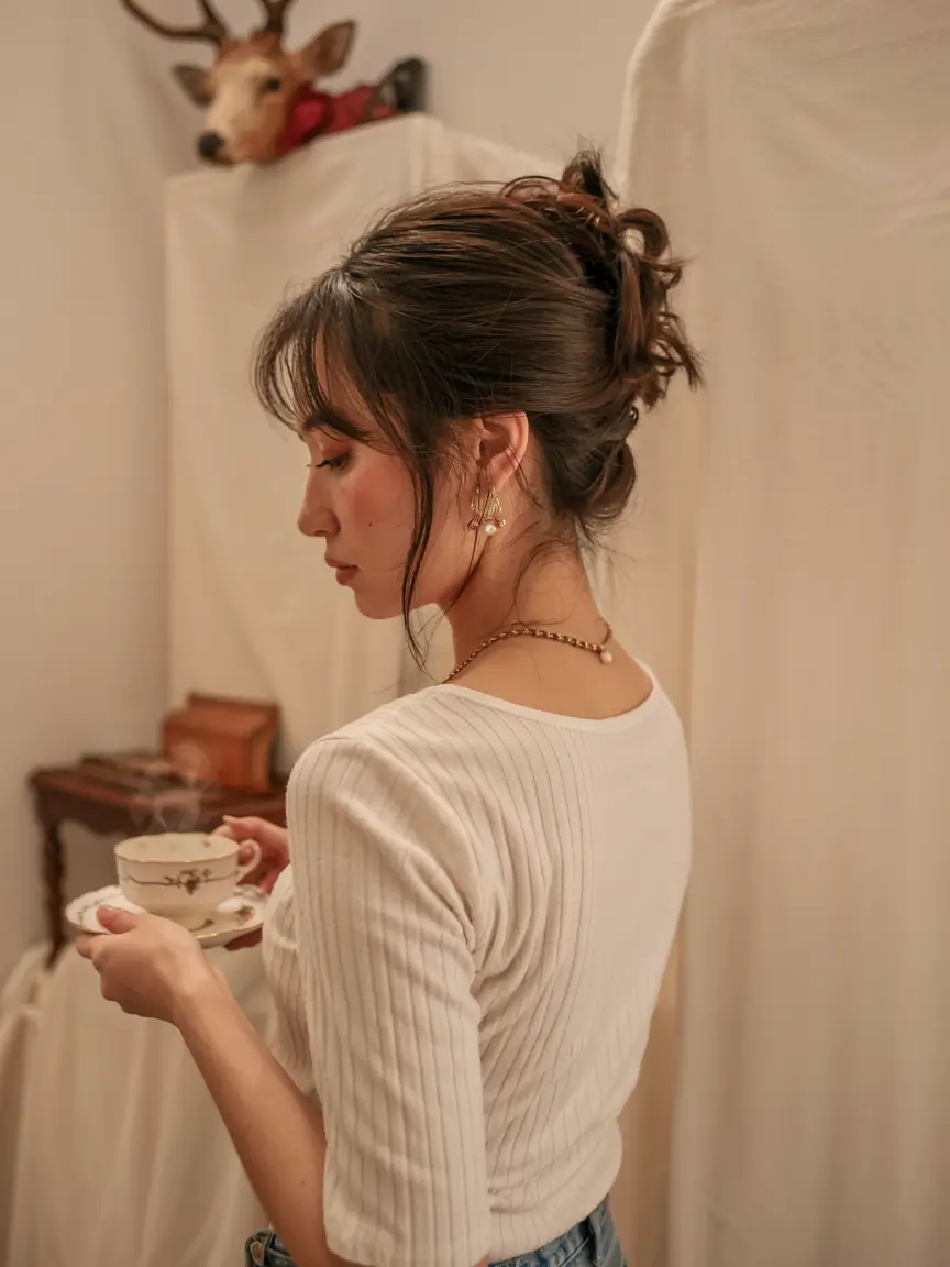 cute fall hairstyles ideas 2025 Soft Curled Updo with Bangs