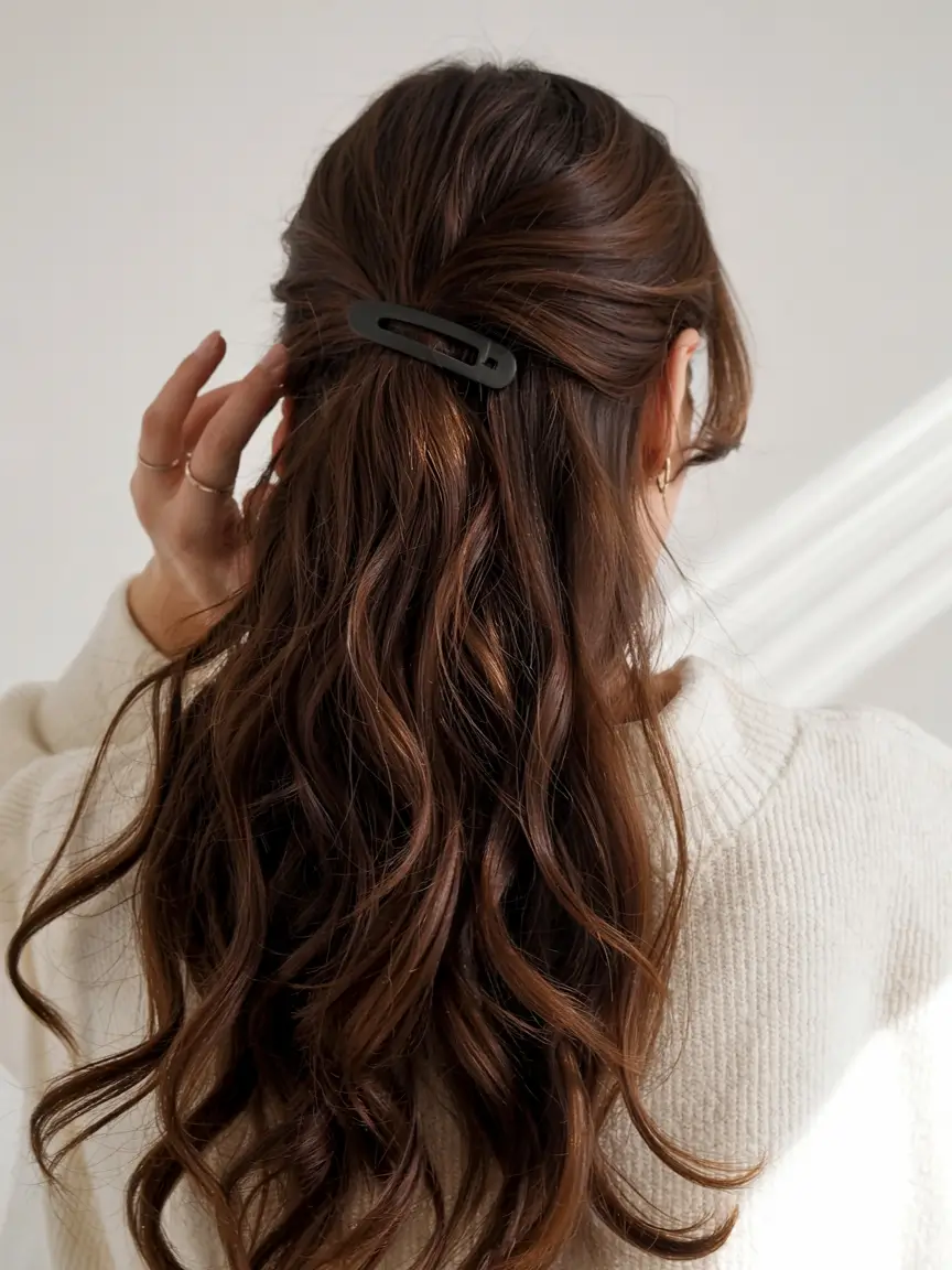 cute fall hairstyles ideas 2025 Half-Up with Sleek Black Clip
