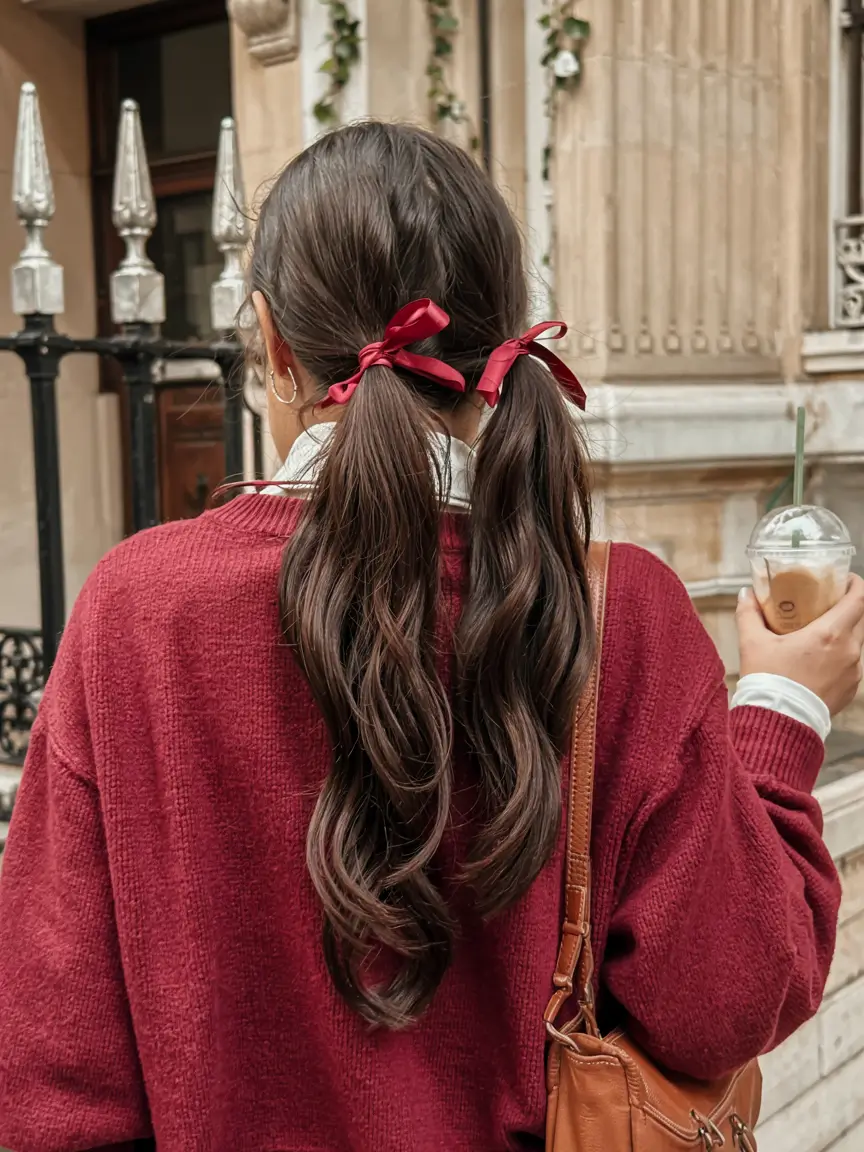 cute fall hairstyles ideas 2025 Double Ribbon Ponytails