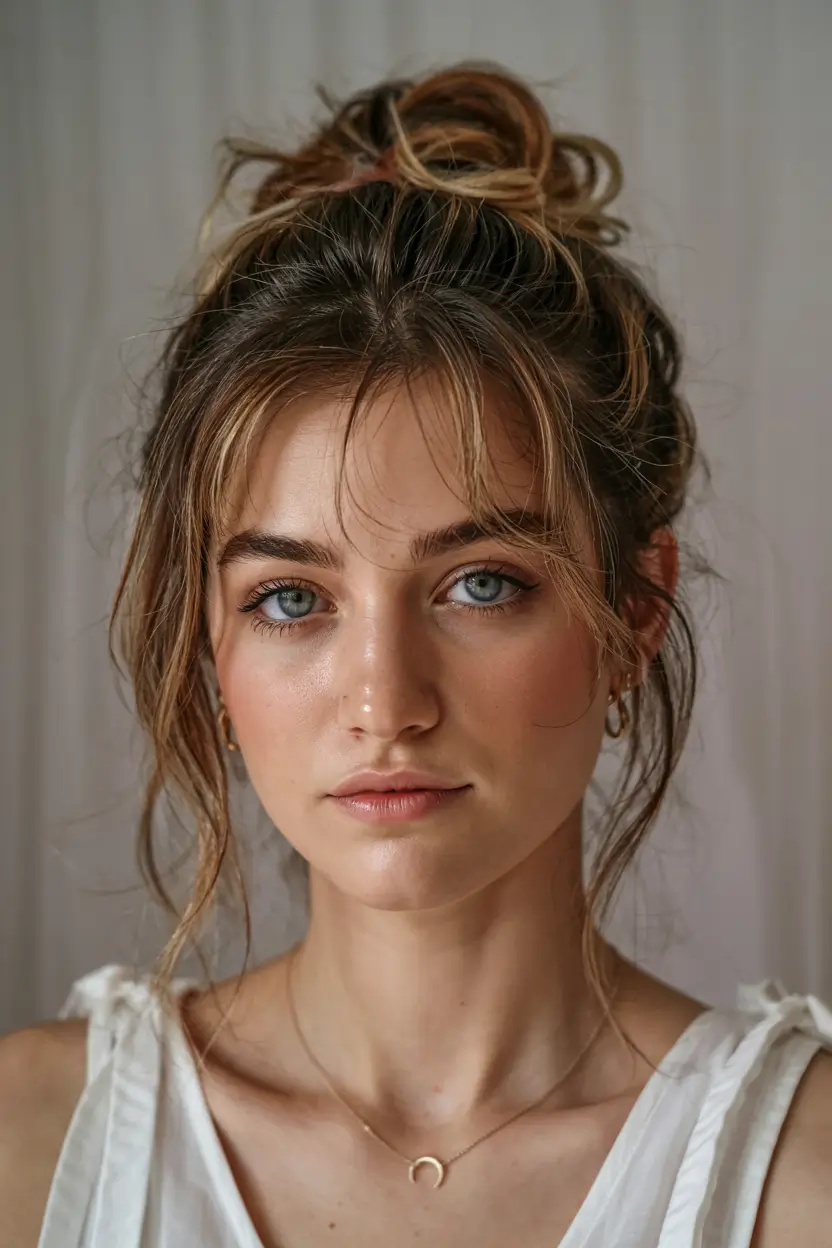 cute fall hairstyles ideas 2025 Messy Top Knot with Bangs